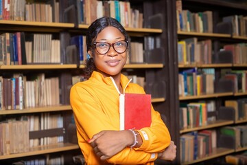 Black female student holding a red book and standing in the college library