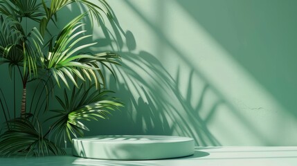 Summer podium backdrop with tropical palm leaf. 3D rendering.