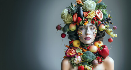 Women with headdress made out of fruits and vegetables at gray background with copy space. - Healthy eating concept - 781986204