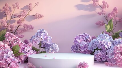 Background for product display with Hydrangea flower field. 3D rendering.