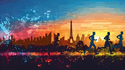Dynamic Silhouetted Runners Racing Through Vibrant Parisian Cityscape with Iconic Eiffel Tower at Sunset - obrazy, fototapety, plakaty