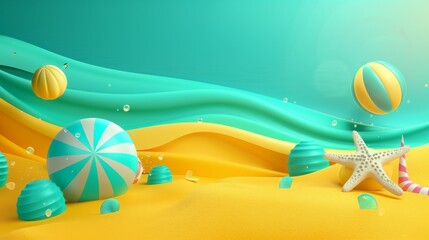 A vibrant poster with 3D beach elements on a background of yellow and teal wavy lines.
