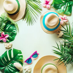 Summer holiday vacation frame made with sun hat and palm leaves, sunglasses and tropical flowers, top view - 781986269
