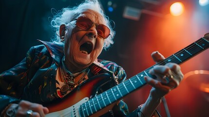 Energetic Senior Rock Star Performing on Stage with Electric Guitar - obrazy, fototapety, plakaty