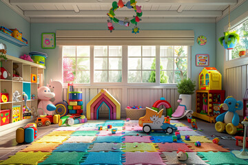 a cute baby’s playroom full of toys and decorative elements, color floor, color wall, color background