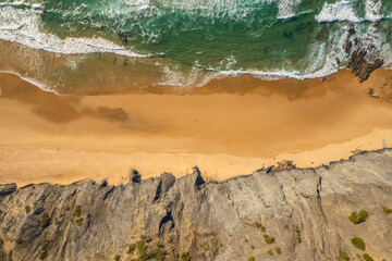 Aerial droe view of beautiful natural Cordoama beach in Portugal Atlantic coast - 781986448