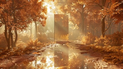 Mirror reflect Autumn forest with abstract Autumn scene. 3D rendering.