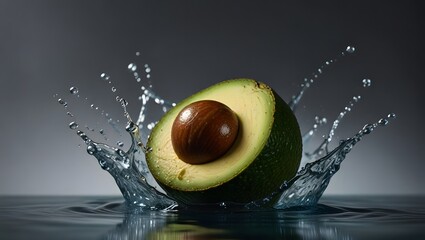  half-sliced avocado with its seed intact, set against a dark background. The avocado is captured mid-splash, with water droplets suspended around it, creating a dynamic and fresh appearance