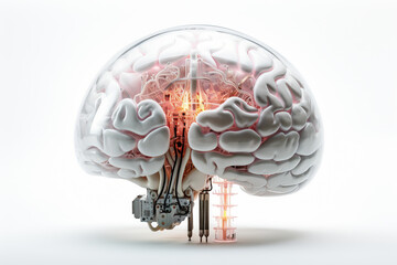 white robot brain with wires and mechanical parts on white and gray