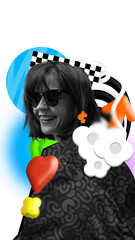 Black and white image of happy smiling young woman in stylish clothes and sunglasses with abstract colorful design elements. Contemporary art collage. Concept of modern fashion, creative, youth, style