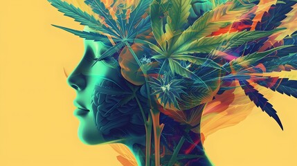 Marijuana Leaf Portrait Revealing the Vibrant Anatomy of the Human Brain - obrazy, fototapety, plakaty