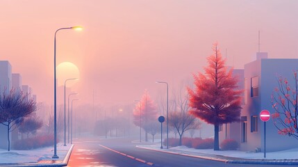 Atmospheric foggy city streets at dawn, moody, urban, landscape
