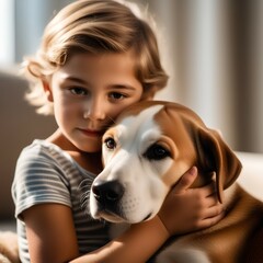child with little dogs playing at home. girl with puppies. chid with puppy. kissing, hugging, playing in room
