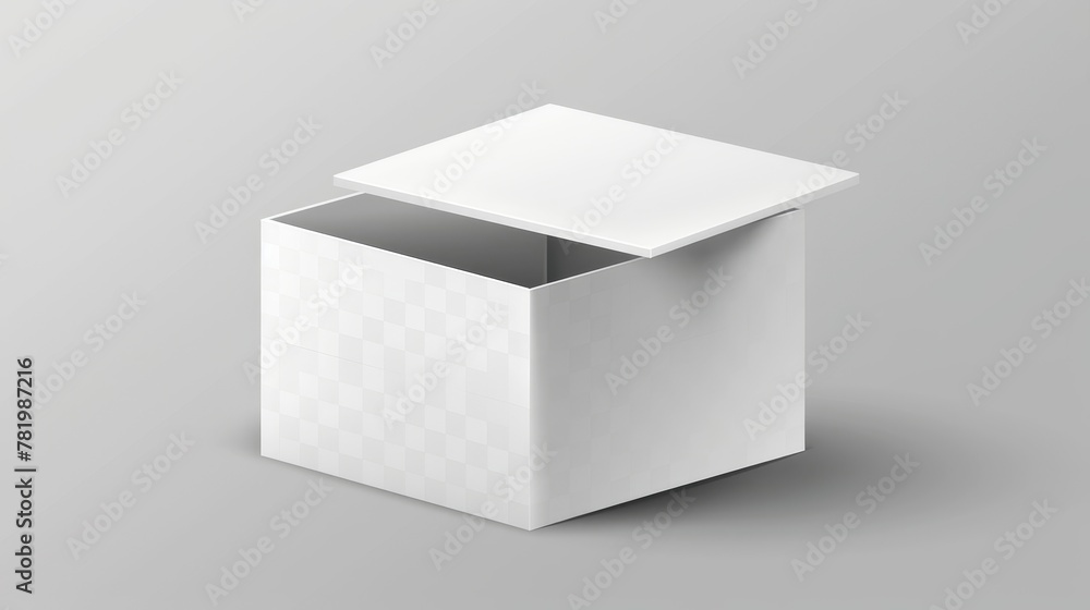 Poster realistic modern illustration of white cardboard box with flip top. rectangular box with hinged lid,