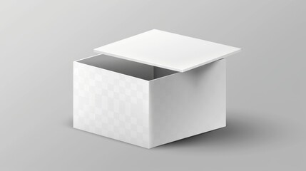 Realistic modern illustration of white cardboard box with flip top. Rectangular box with hinged lid, isolated on transparent background.