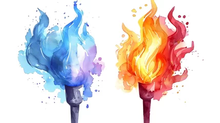 Fotobehang Vibrant Olympic Torches with Fiery Watercolor Flames © kiatipol