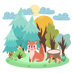 Cute illustration with a squirrel among the forest. Vector children's scene.