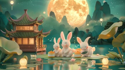 With giant full moon in the back and rabbit family at mooncake house on lotus leaf celebrating Mid Autumn Festival. - obrazy, fototapety, plakaty
