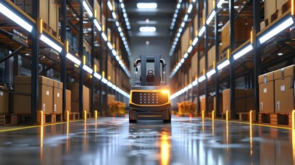 Automated Forklift Handling Efficient Storage and Logistics in Modern Warehouse Facility - obrazy, fototapety, plakaty