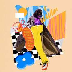 Trendsetter. Young woman showing confidence in her bright and colorful street style outfit. Contemporary art collage. Concept of modern fashion, creative, youth, style. Vibrant design