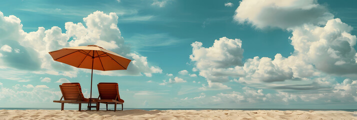 Two outdoor chairs and an umbrella sit on the sandy beach, under the azure sky with fluffy clouds. The view is serene and perfect for a relaxing vacation - obrazy, fototapety, plakaty