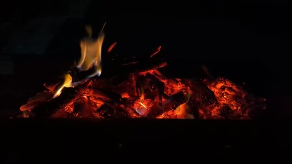 Closeup of burning fire in a fireplace with dark background