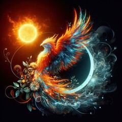 A majestic phoenix reborn from digital ashes in a blaze of holographic flames A majestic phoenix reborn from digital ashes in a blaze of holographic flames abstract 3D 