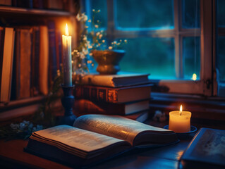 Open book in the evening room with candle light
