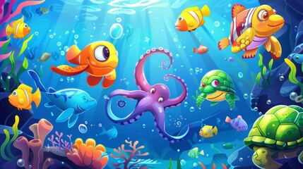 Ocean animals and fish cartoon illustration. Undersea landscape with cute octopus, turtle, fish and other aquatic creatures.