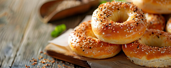 Fresh bagels on wooden table, traditional homemade products, bakery shop, generated by ai