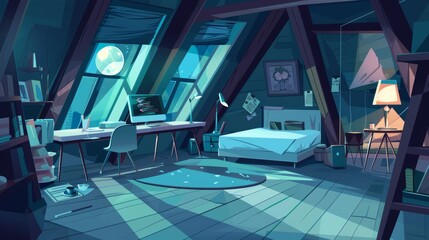 Teenage girl bedroom interior in an attic at night. Modern cartoon with a glowing computer screen, lamps, and moonlight.