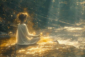 Obraz premium young caucasian woman meditates near river, with aura of energy around, natural background.