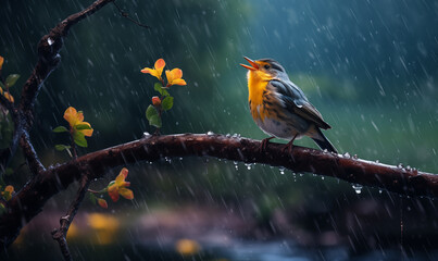 Song bird singing on a branch in the rain, wildlife scene, generated ai