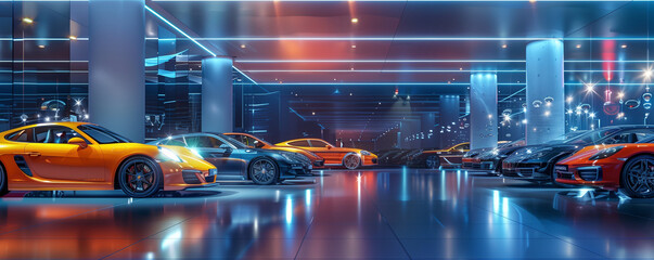 New car store at night, showroom with modern cars, dealership with led lights reflections, generated ai