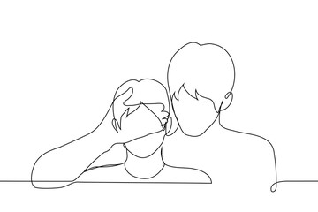Father closes eyes of teenage son - one line art vector. concept of generation of older men hiding something from the younger generation, surprise, deception, relationship