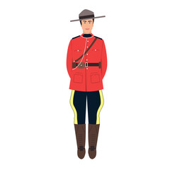 Canadian policeman in traditional uniform - scarlet tunic and breeches. Full length portrait of royal Canadian mounted police person. Cartoon vector illustration isolated on white background