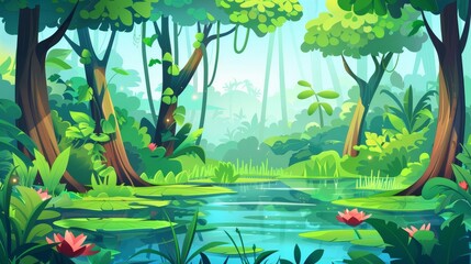 Water lily swamp in tropical forest. Modern illustration showing marsh, tree trunks, bog grass, tree trunks and water lilies in rain forest.