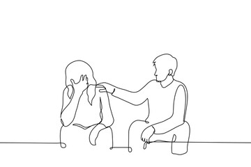 man consoles an upset woman sitting next to her - one line art vector. concept man put hand on the shoulder of women who covered eyes with her hand and sits next to him