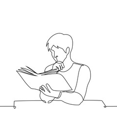 one man reading a book supporting his chin with the other hand - one line art vector. concept of a male student reading a paper textbook or an interesting book