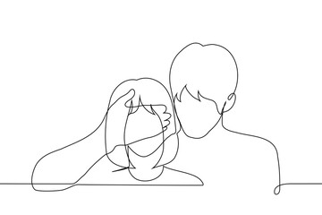 Father closes eyes of teenage girl - one line art vector. concept of generation of older men hiding something from the younger generation, surprise, deception, relationship