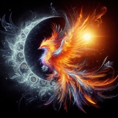 A majestic phoenix reborn from digital ashes in a blaze of holographic flames A majestic phoenix reborn from digital ashes in a blaze of holographic flames abstract 3D 