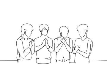 group of standing men praying - one line art vector. concept of men's club, sect, brotherhood, prayer of believing men