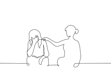 woman consoles an upset woman sitting next to her - one line art vector. concept woman put hand on the shoulder of a woman who covered eyes with his hand and sits next to her.