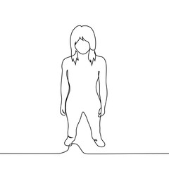 one woman stands at full height, top view - one line art vector. concept young woman standing silhouette