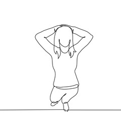 one woman stands at full height with her hands behind her head, top view - one line art vector. concept confident woman standing silhouette