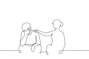 woman consoles an upset man sitting next to her - one line art vector. concept woman put her hand on the shoulder of a man who covered his eyes with his hand and sits next to her