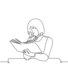 one woman reading a book supporting her chin with the other hand - one line art vector. concept of a female student with a bob hairstyle reading a paper textbook or an interesting book