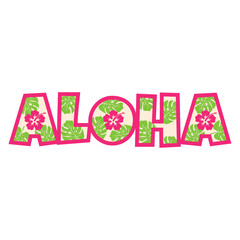 Logo vacaciones en Hawái. Letras de la palabra hawaiana aloha con silueta de flor de hibisco y hojas de monstera