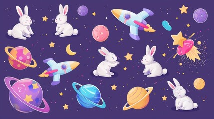 The outer space bunnies element set is isolated on purple background. It includes planets, moons, rockets, stars, and rabbits sitting on rockets or playing with mooncake parachute.