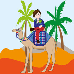 Paisaje del desierto con niño montado en un camello.
